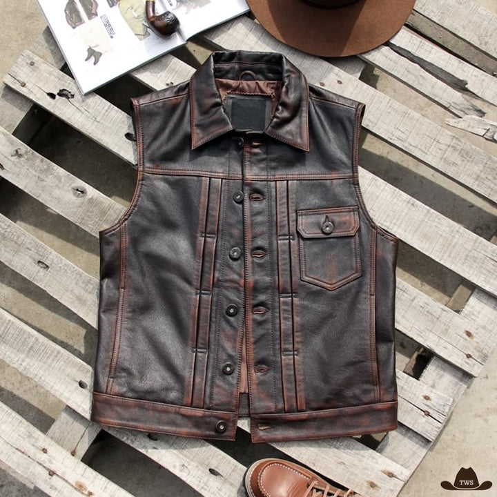 Gilet Homme Sans Manche Cuir Western