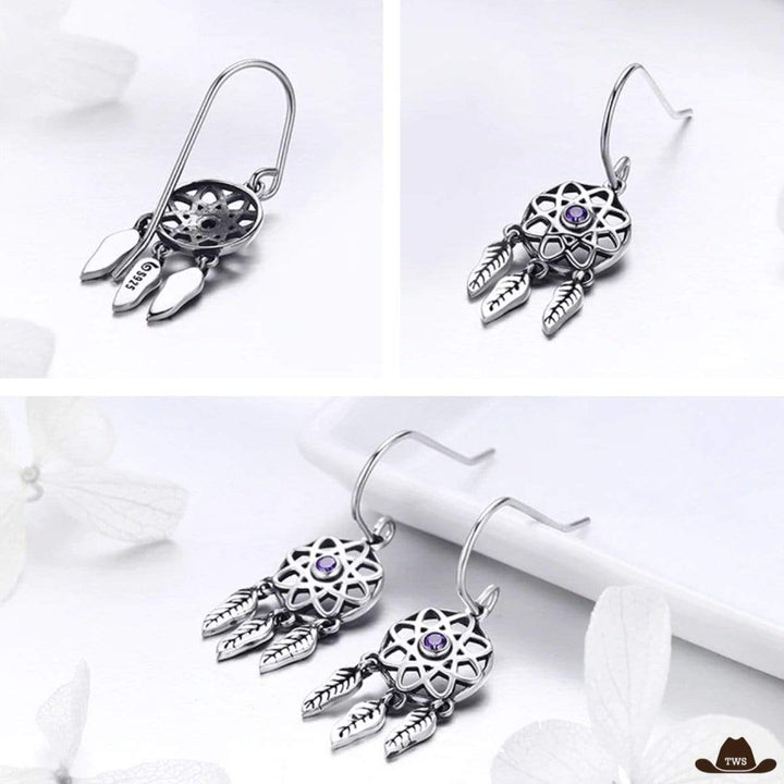 Boucles d'Oreilles Attrape-Rêves Plume Argent