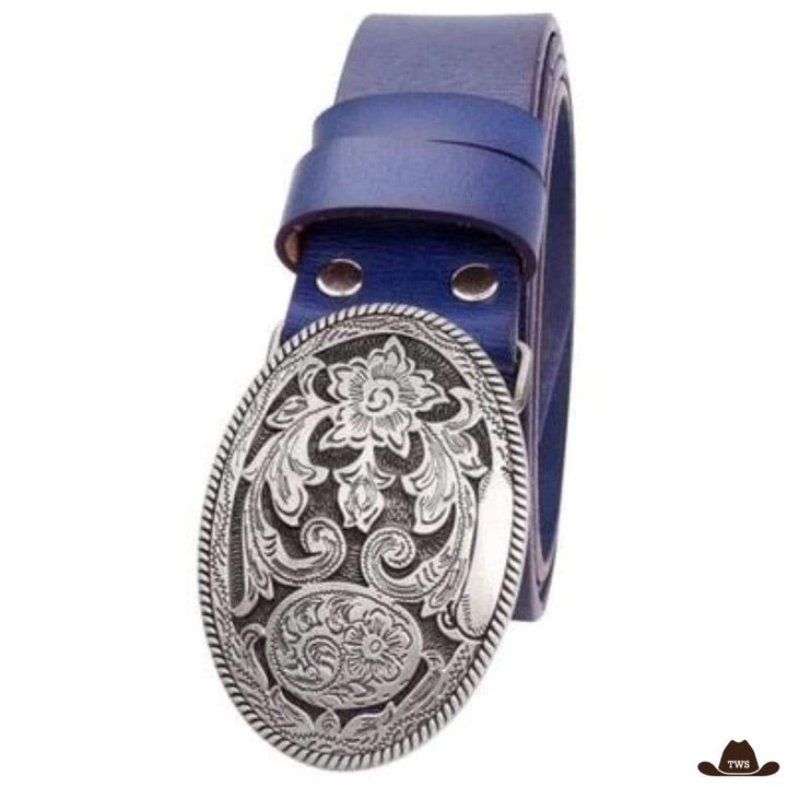 Ceinture Cuir Boucle Western Bleue