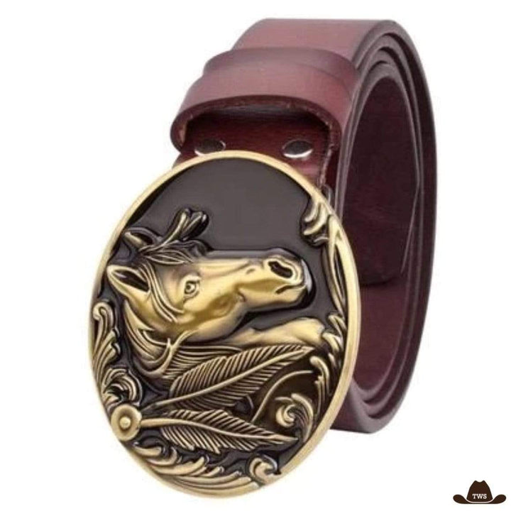 Ceinture Cuir Motif Cheval - Marron Dorée