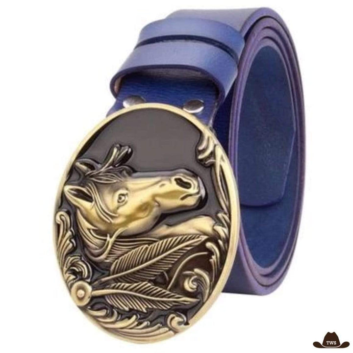 Ceinture Cuir Motif Cheval - Bleue Dorée