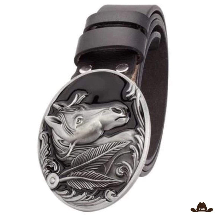 Ceinture Cuir Motif Cheval - Noire Argentée