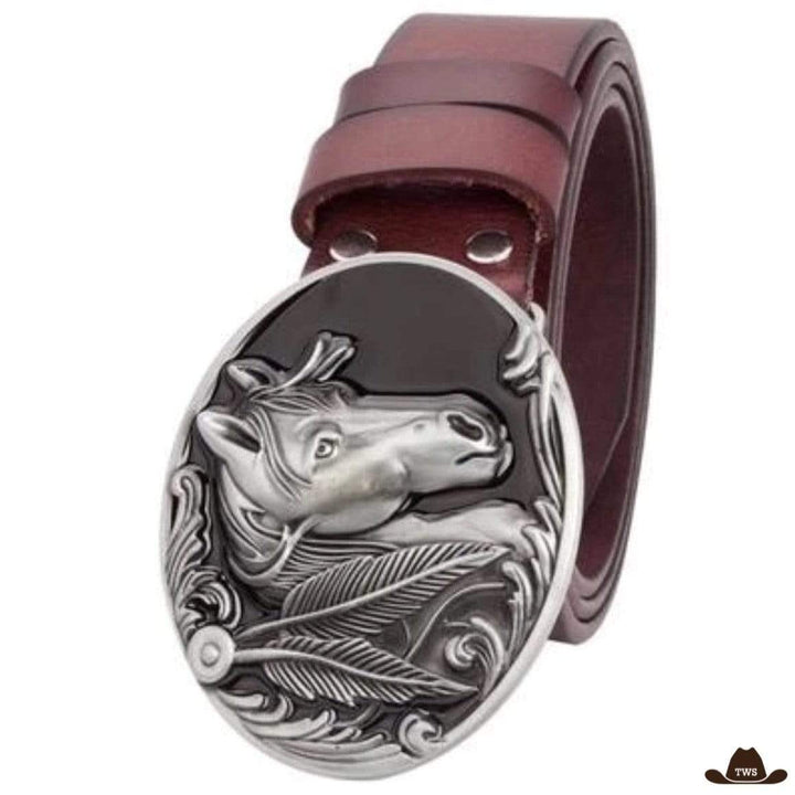 Ceinture Cuir Motif Cheval - Marron Argentée