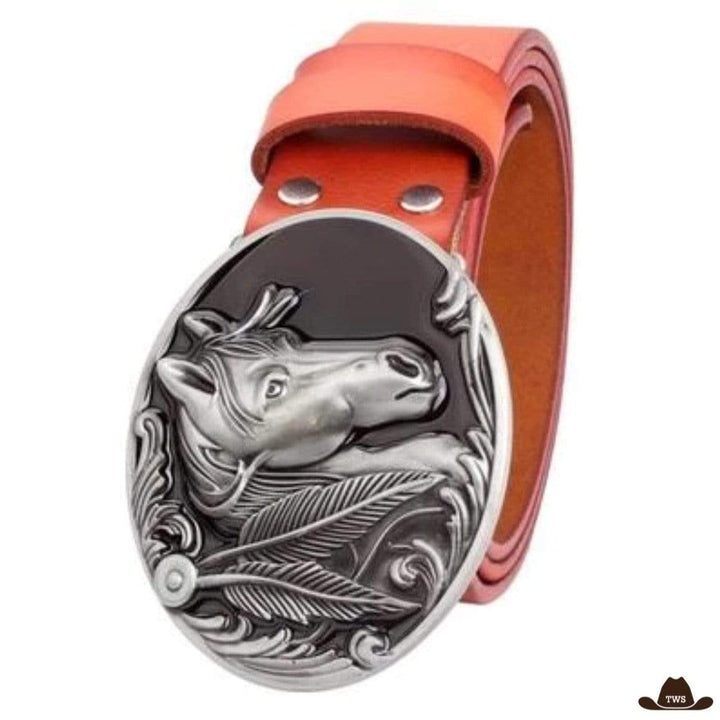 Ceinture Cuir Motif Cheval - Orange Argentée