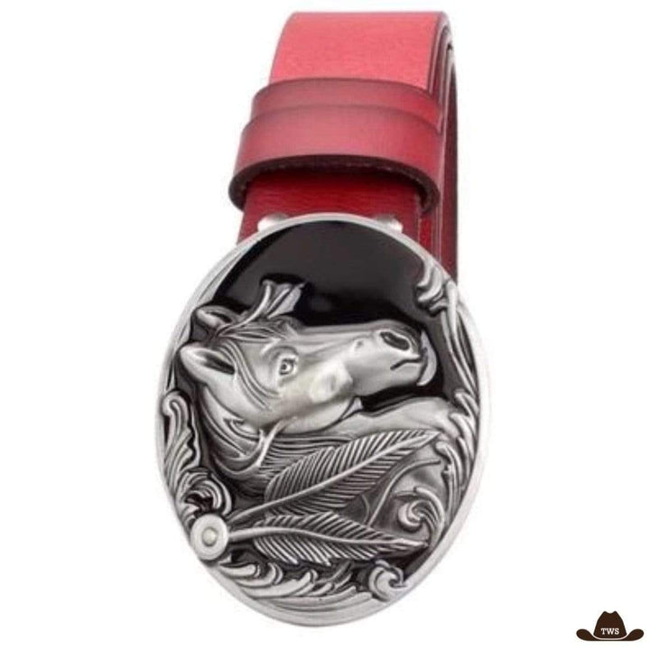 Ceinture Cuir Motif Cheval - Rouge Argentée