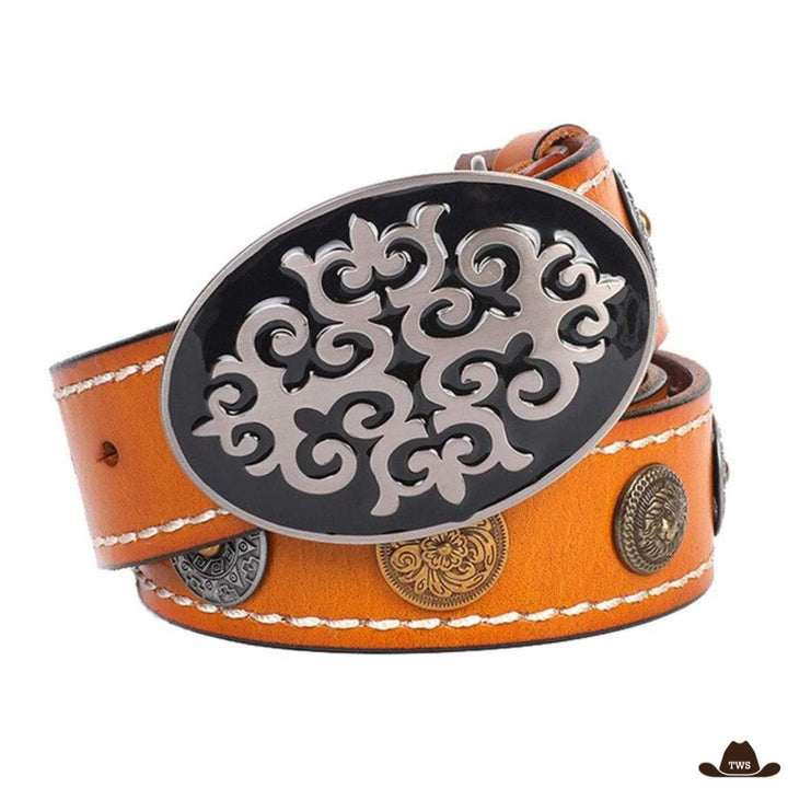 Ceinture Cuir Western Concho Orange