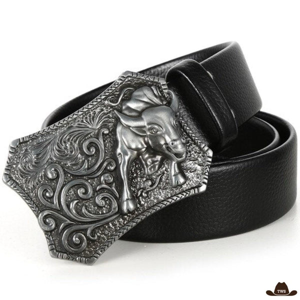 Ceinture Homme Cuir Noir Boucle Fantaisie Western Argentée