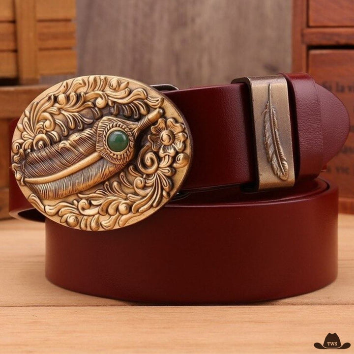 Ceinture Western Dorée Cuir Bordeaux