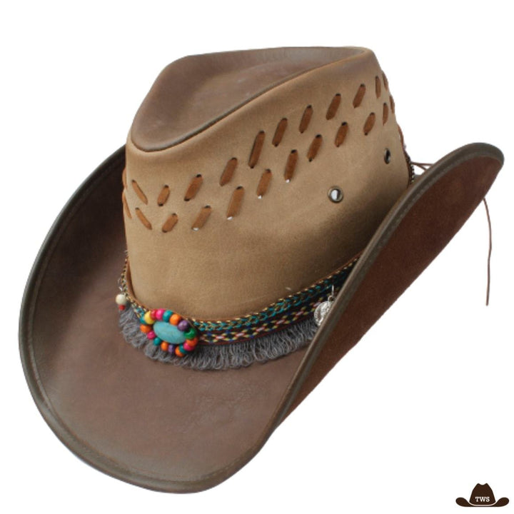 chapeau de cowboy en cuir marron femme