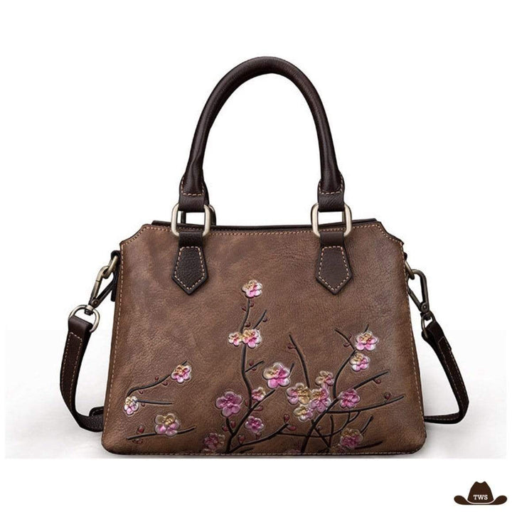 Sac Cuir Motif Floral Marron