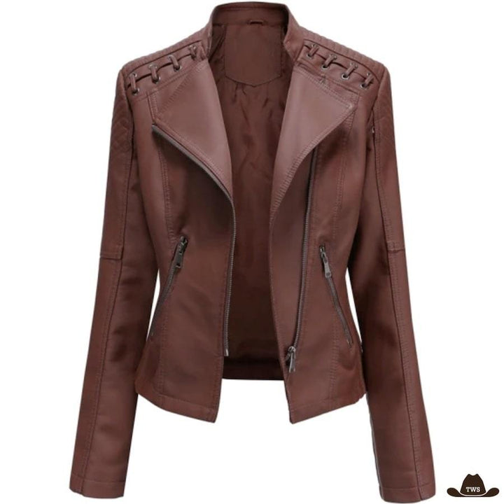 Veste Simili Cuir Western Femme Marron Foncé